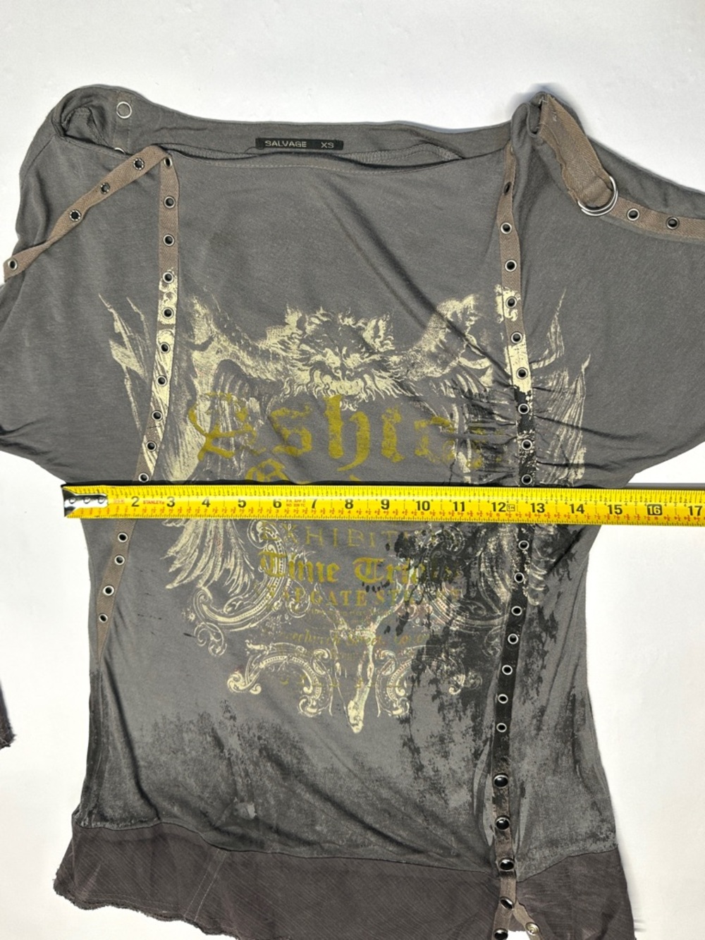 Salvage Y2K Grunge Gray Snap Button Rocker Punk Rivet Thrashed Thin Top XS - Picture 15 of 16
